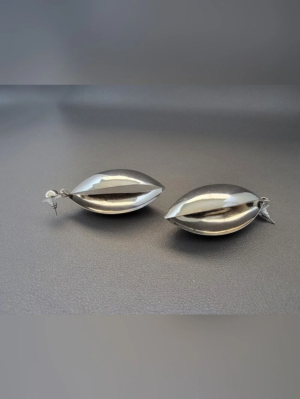 Modernist Silver Tone Open Marquise Leaf Statement Drop Earrings Sculptural